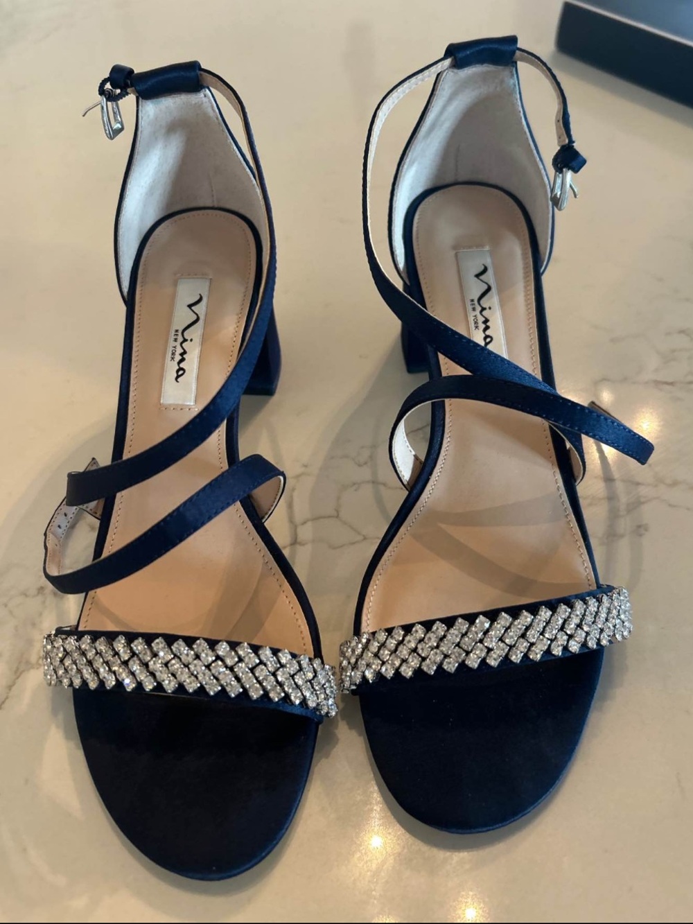 Nina Navy Rhinestone-Strap Block Heel Sandals